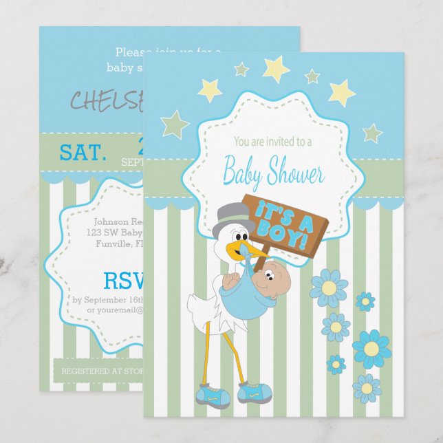 Baby Stork Baby Boy Dusche Einladung (Vorne/Hinten)