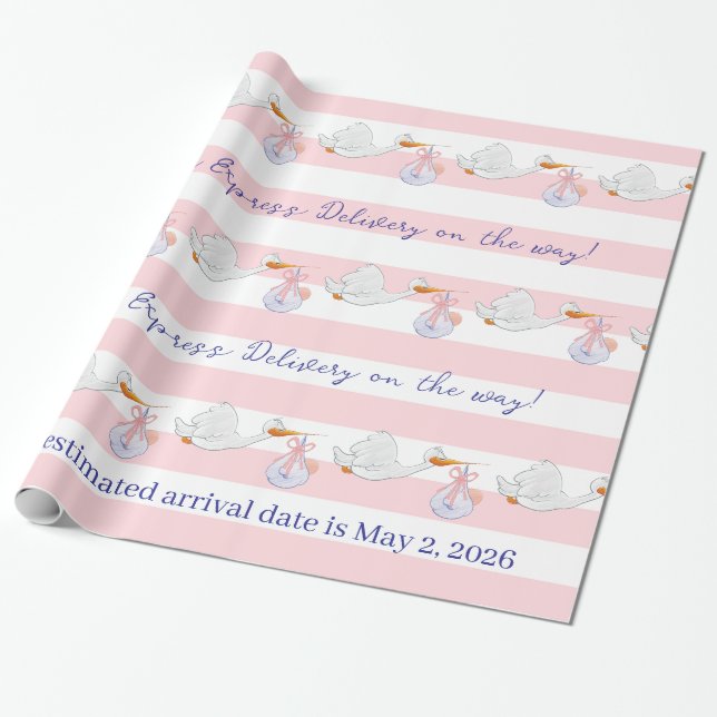 Baby Stork Wrapping Paper Pink & White Stripe  Geschenkpapier (Ungerollt)