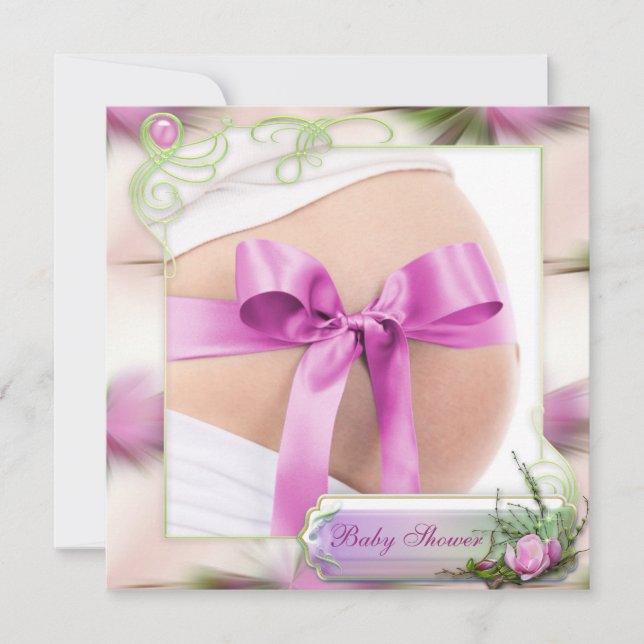 Baby-Stoß mit rosa Bogen-Rosa-Magnolien-Babyparty Einladung (Vorderseite)
