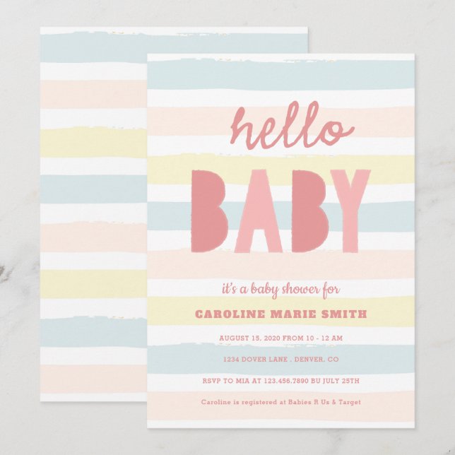 Baby Stripes Bonjour Baby shower Invitation (Devant / Derrière)