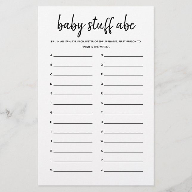 Baby Stuff ABC Minimalistisch Baby Shower Game (Vorderseite)