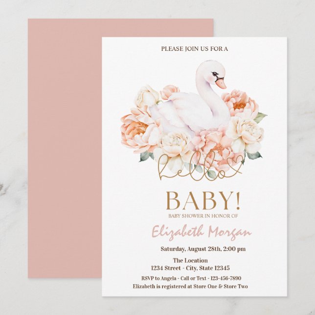 Baby Swan Hello Baby Dusche Einladung (Vorne/Hinten)
