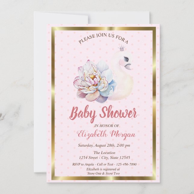Baby Swan, Polka Dots, Floral Baby Shower Einladung (Vorderseite)
