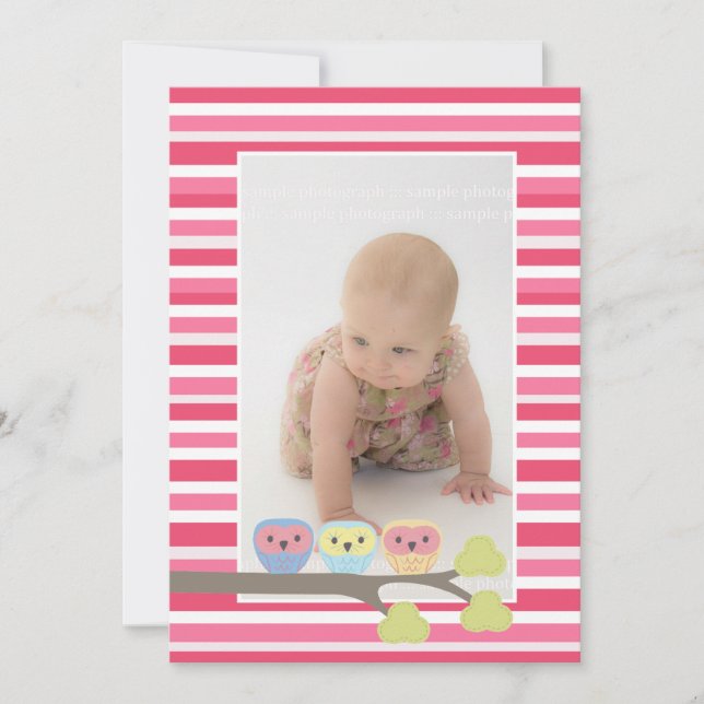 Baby Taufe Christening Pink Owls Foto Einladung (Vorderseite)