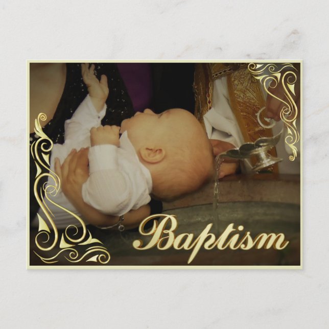 Baby-Taufe-Golddekor und Typografie-Überlagerung Ankündigungspostkarte (Vorderseite)