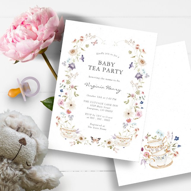 Baby Tea Party Dusche Einladung (Beautiful Wildflower Baby Shower Tea Party Invitation by Painted Paperie)