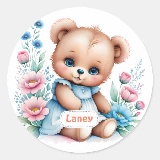 Baby Teddy Bär mit Aquarellblumen Runder Aufkleber