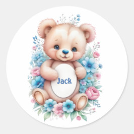 Baby Teddy Bär mit Aquarellblumen Runder Aufkleber