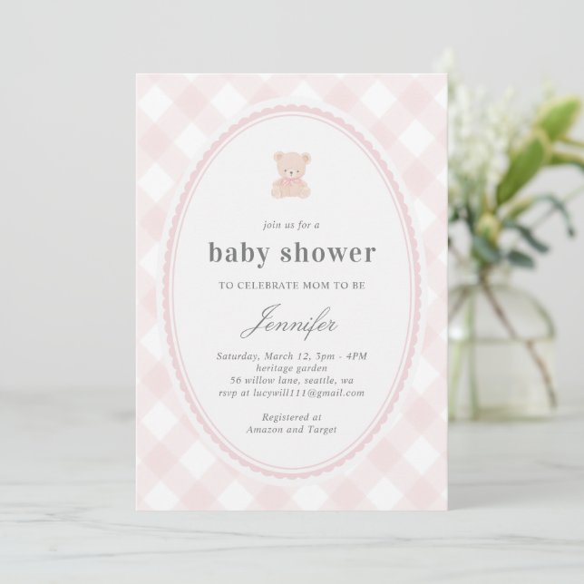Baby Teddy bear Baby shower_Pink  Einladung (Stehend Vorderseite)