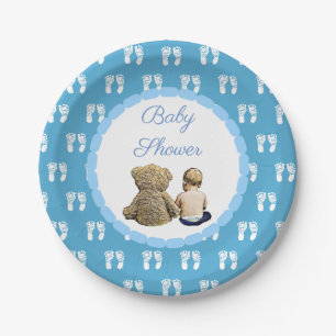 Baby & Teddy Bear Blue Footprints Baby Dusche Pappteller