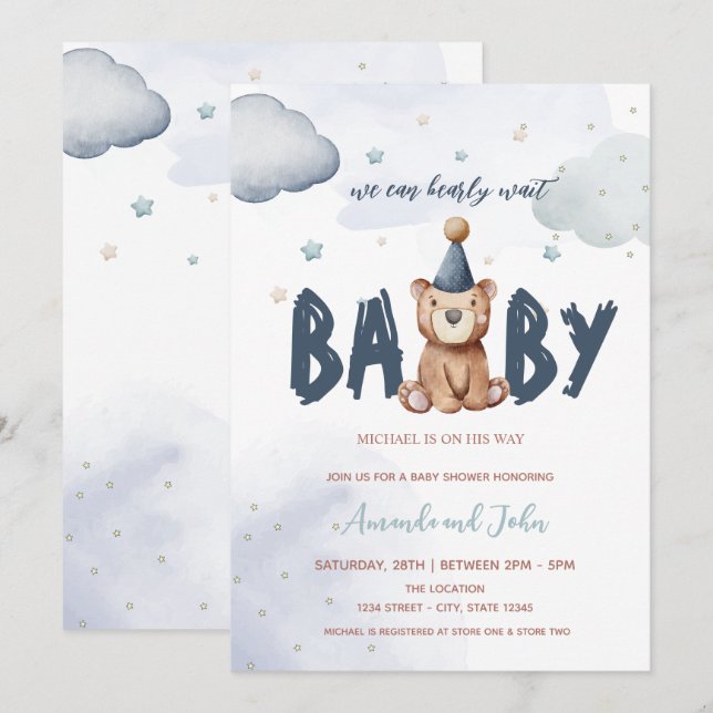 Baby Teddy Bear Stars Clouds Babydusche Einladung (Vorne/Hinten)
