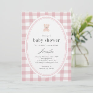 Baby-Teddybär-Baby-Party-Rosa Gingham Einladung