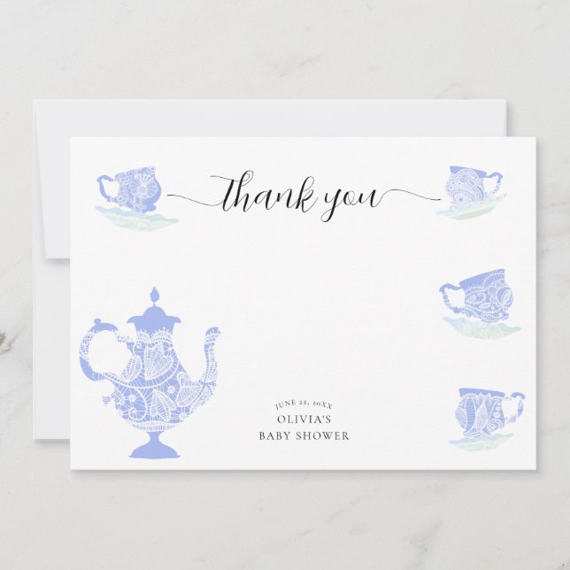 Baby Tee Party Blue China White Lace Boy Dusche Dankeskarte (Vorderseite)