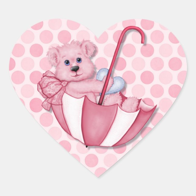 Baby Theme Umbrella Bear Pink Polka Dots Herz-Aufkleber (Vorderseite)