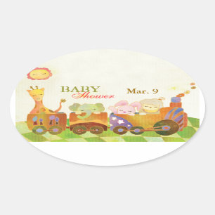 Baby-Tiere auf ChooChoo Zug-Babyparty-Aufkleber Ovaler Aufkleber