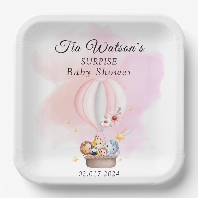 Baby Tiere in einer rosa Heißluftballon Papierplat Pappteller (Vorderseite)