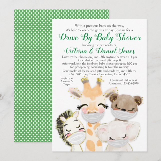 Baby Tiere in Masken Drive by Covid Baby Shower Einladung (Vorne/Hinten)
