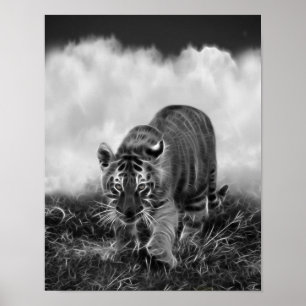 Baby-Tiger, der in Schwarzweiss sich anpirscht Poster