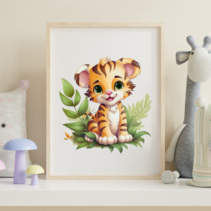 Baby-Tiger-Dschungel-Blätter-Nursery-Wandkunst  Poster
