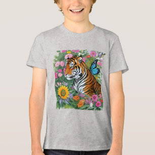 Baby-Tiger mit blauer Schmetterling und Blumen Tri-Blend Shirt