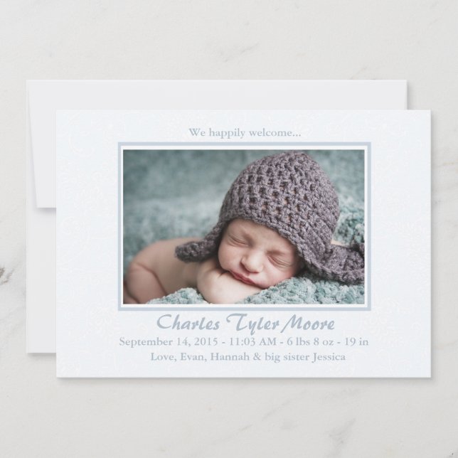 Baby Toile Blue - Geburtsankündigung von Foto Ankündigung (Vorderseite)