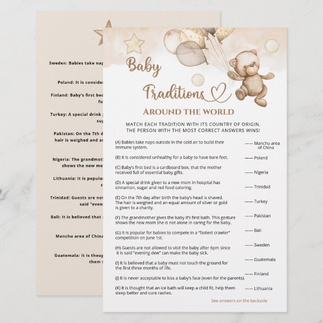 Baby Tradition Baby Bear Baby Shower Game (Vorne/Hinten)