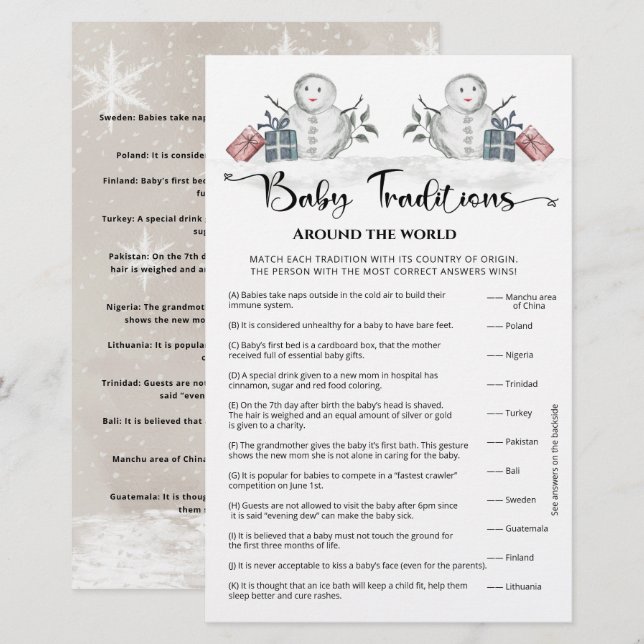 Baby Traditionen Snowman Baby Shower Game (Vorne/Hinten)