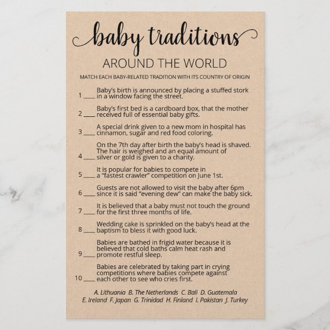 Baby Traditions Baby Shower Spiel mit Antworten (Vorderseite)
