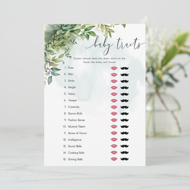 Baby Traits Watercolor Greenerity Baby Shower Game Einladung (Stehend Vorderseite)