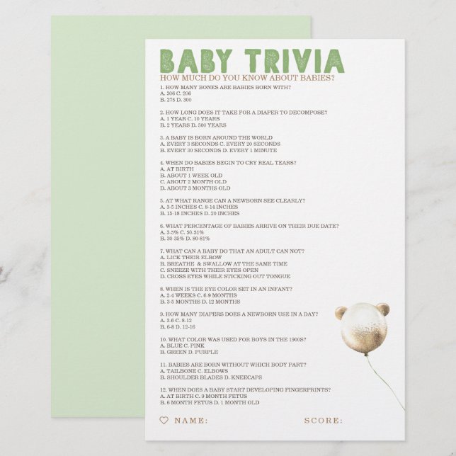 Baby Trivia Baby Showspiel (Vorne/Hinten)