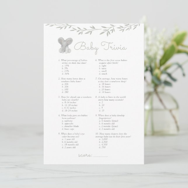 Baby Trivia Elephant Baby Showspiel Einladung (Stehend Vorderseite)