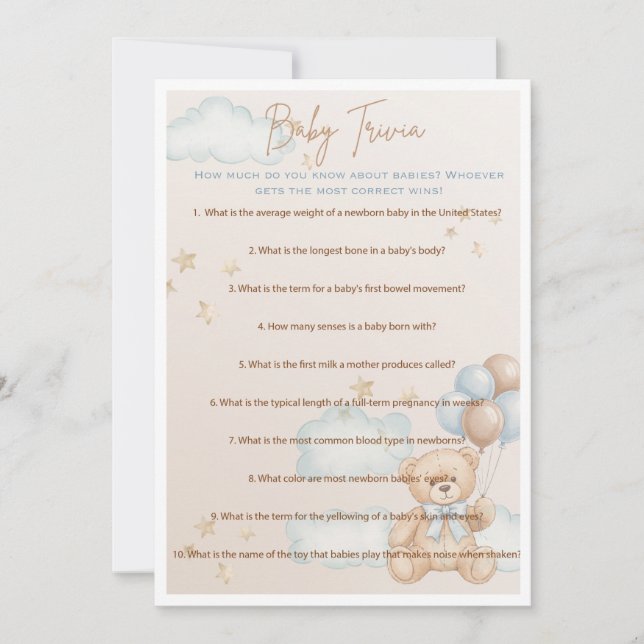 Baby Trivia Game for Boy Baby Shooter, Teddy Bear Einladung (Vorderseite)