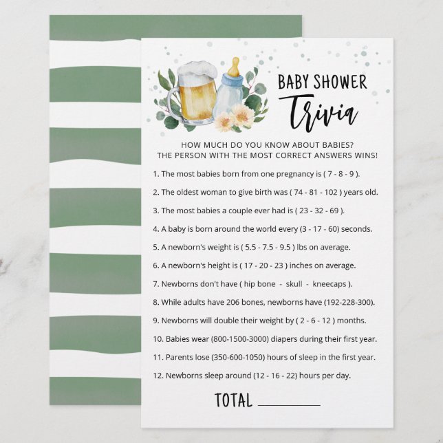 Baby Trivia Game Greenerenery Baby Braut Party (Vorne/Hinten)