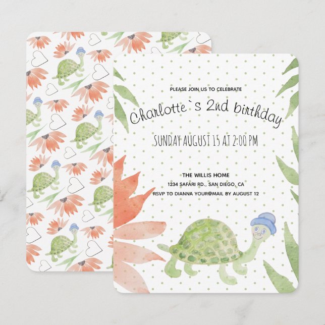 Baby Turtle Watercolor Handgemalt Save The Date (Vorne/Hinten)