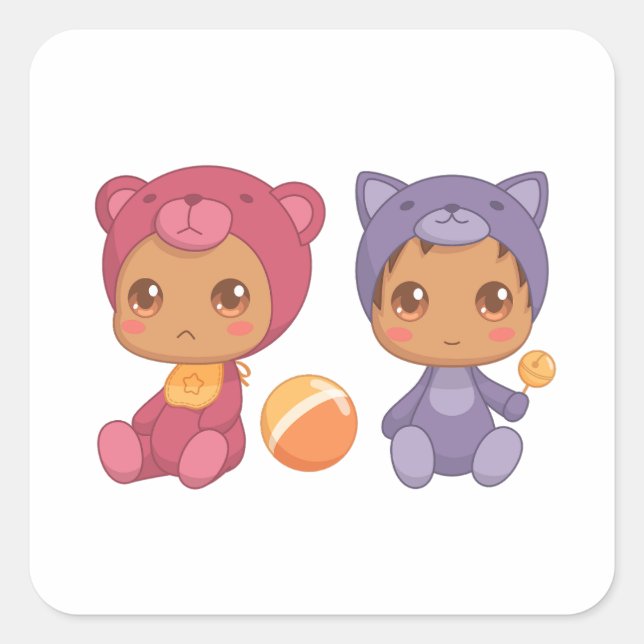 Baby Twins Bear Cat Jumpsuit 3 Quadratischer Aufkleber (Vorderseite)