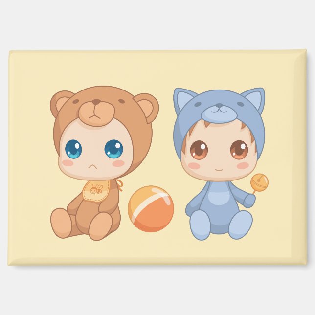Baby Twins Bear Cat Jumpsuit on Yellow Magnet (Vorderseite)