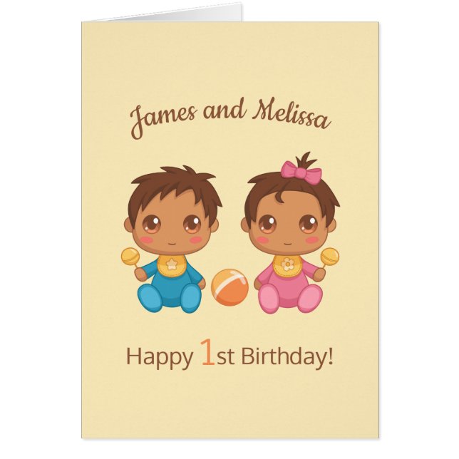 Baby Twins Boy Girl First Anniversaire Card 2 (Devant)