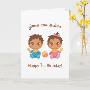 Baby Twins Boy Girl First Birthday Blank Card Karte