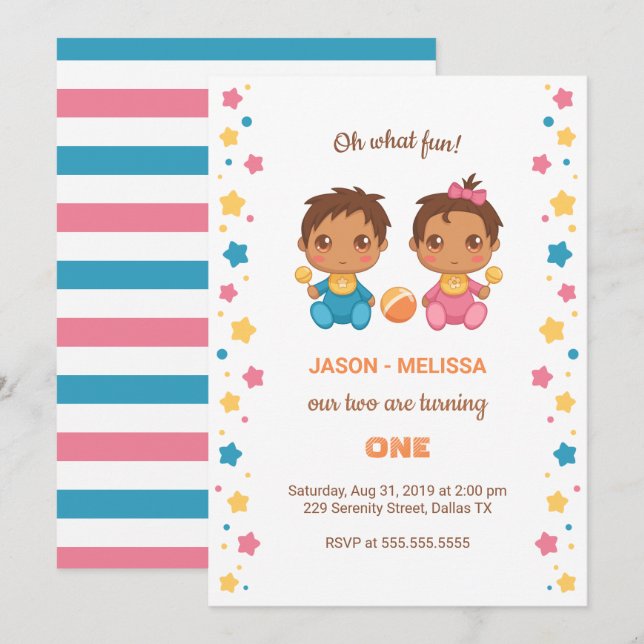 Baby Twins Boy Girl First Birthday Invitation (Devant / Derrière)