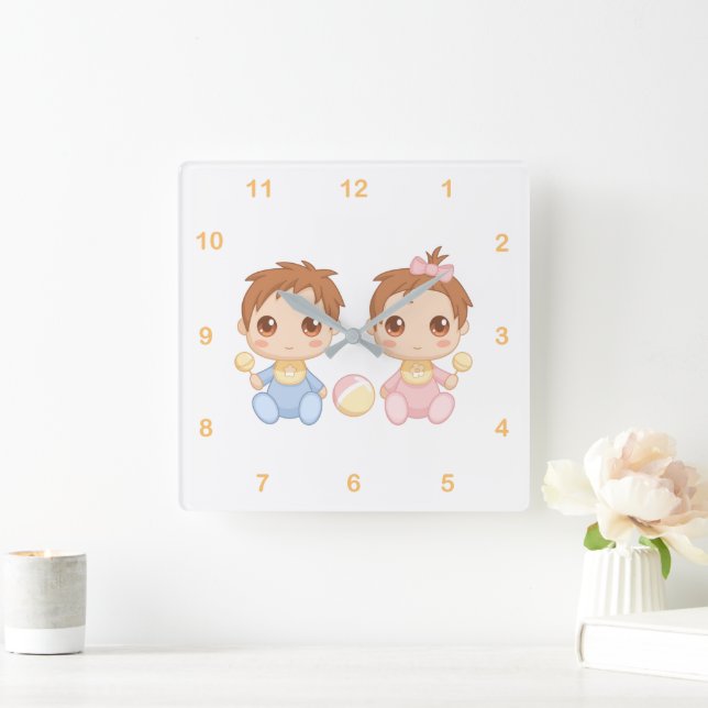 Baby Twins Boy und Girl 2 Quadratische Wanduhr (Zuhause)