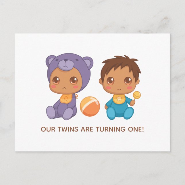 Baby Twins Einladung zum ersten Geburtstag Postkarte (Vorderseite)