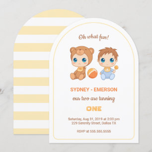 Baby Twins First Birthday Boy Bear Jumpsuit Einladung