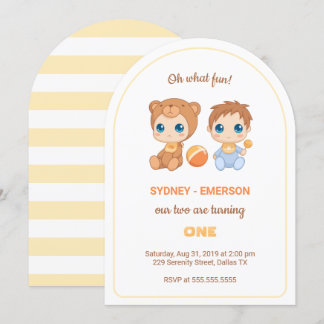 Baby Twins First Birthday Boy Bear Jumpsuit Einladung