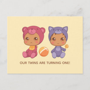 Baby Twins First Birthday Chat Bear Invitation 2