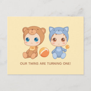 Baby Twins First Birthday Chat Bear Invitation 2