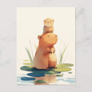 Baby- und erwachsenes Capybara stapeln sich auf de Postkarte