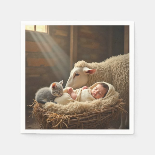 Baby und Kitten schlafen in einer Scheune Serviette (Vorderseite)