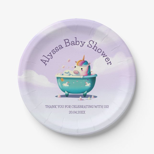 Baby Unicorn Bath Time | Babydusche Pappteller (Vorderseite)