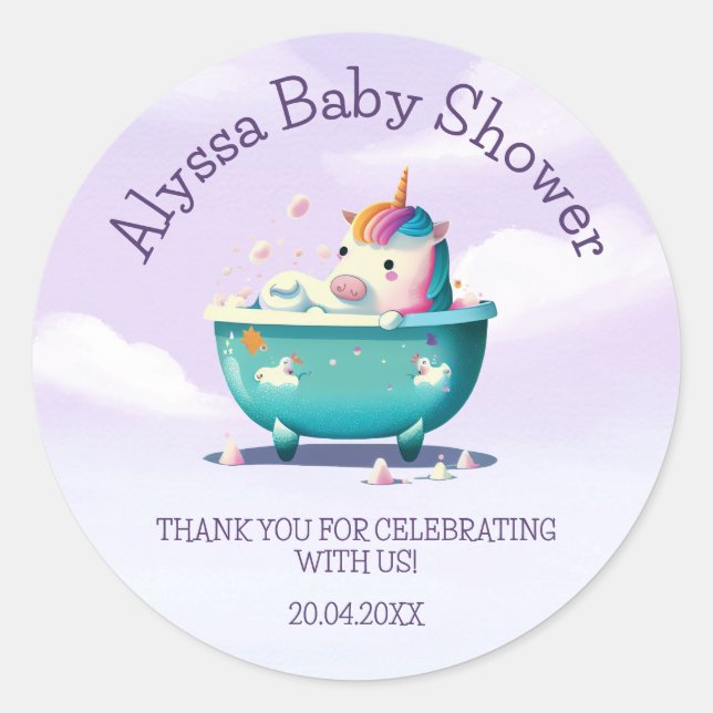 Baby Unicorn Bath Time | Babydusche Runder Aufkleber (Vorderseite)