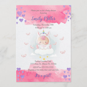 Baby unicorn fille douche invitation aquarelle